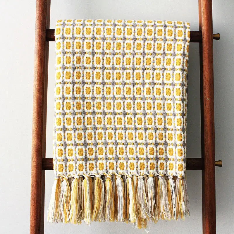 Yellow Houndstooth Knitted Throw Blanket
