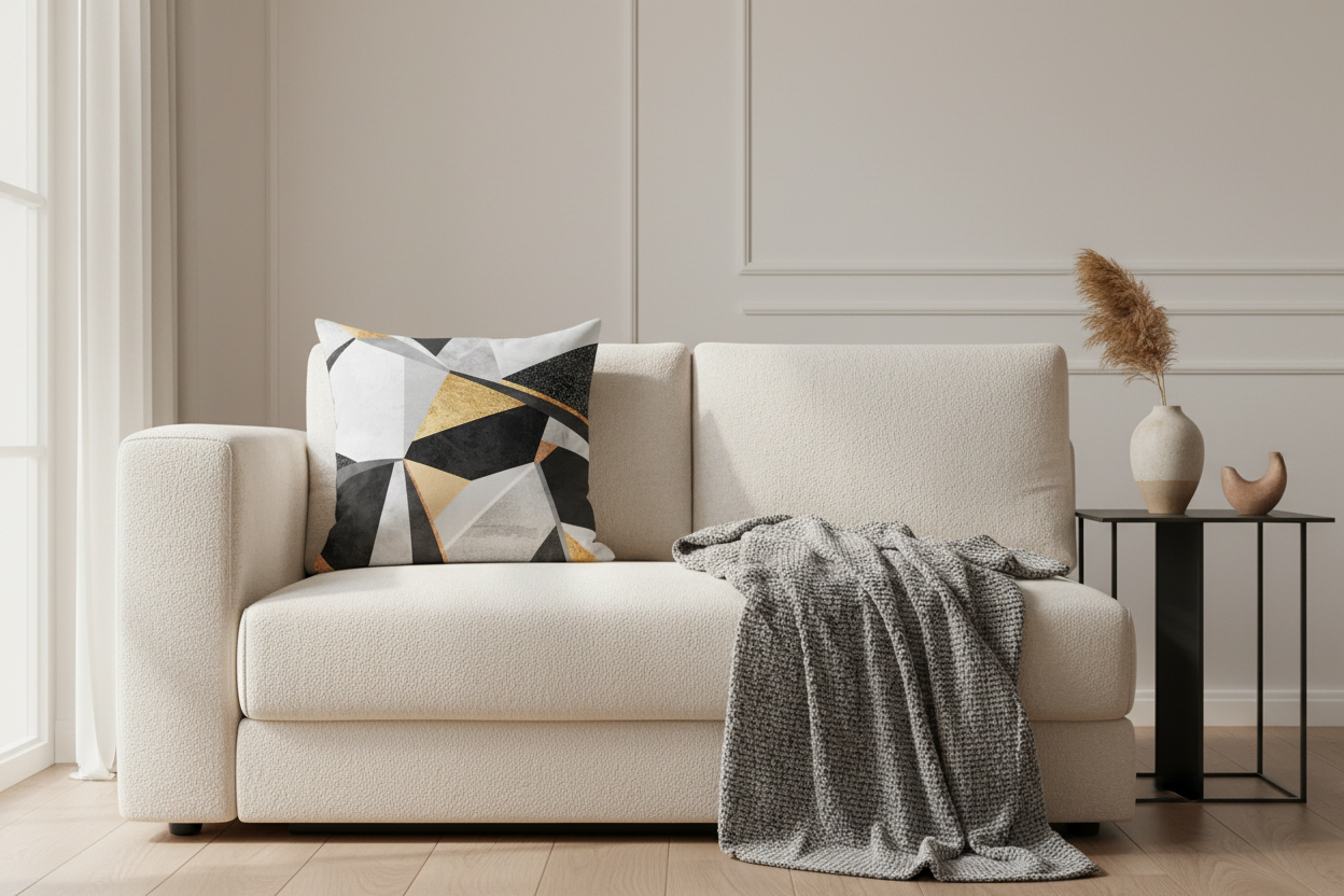 Beige sofa with a decorative pillow and blanket in a room with a side table and decor items.